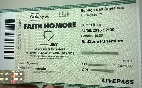 Faith No More - Espaço das Américas, ingresso